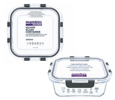 Glass Food Saver – Clip Lid – Square – 1200ml