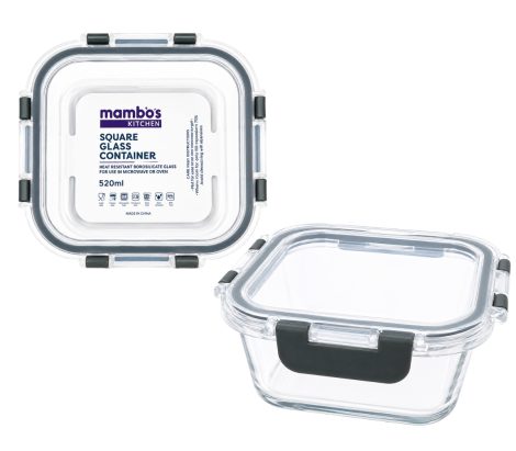 Glass Food Saver – Clip Lid – Square – 520ml
